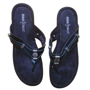 Minnetonka Silver Black Leather Sandals 8 Narrow 8N